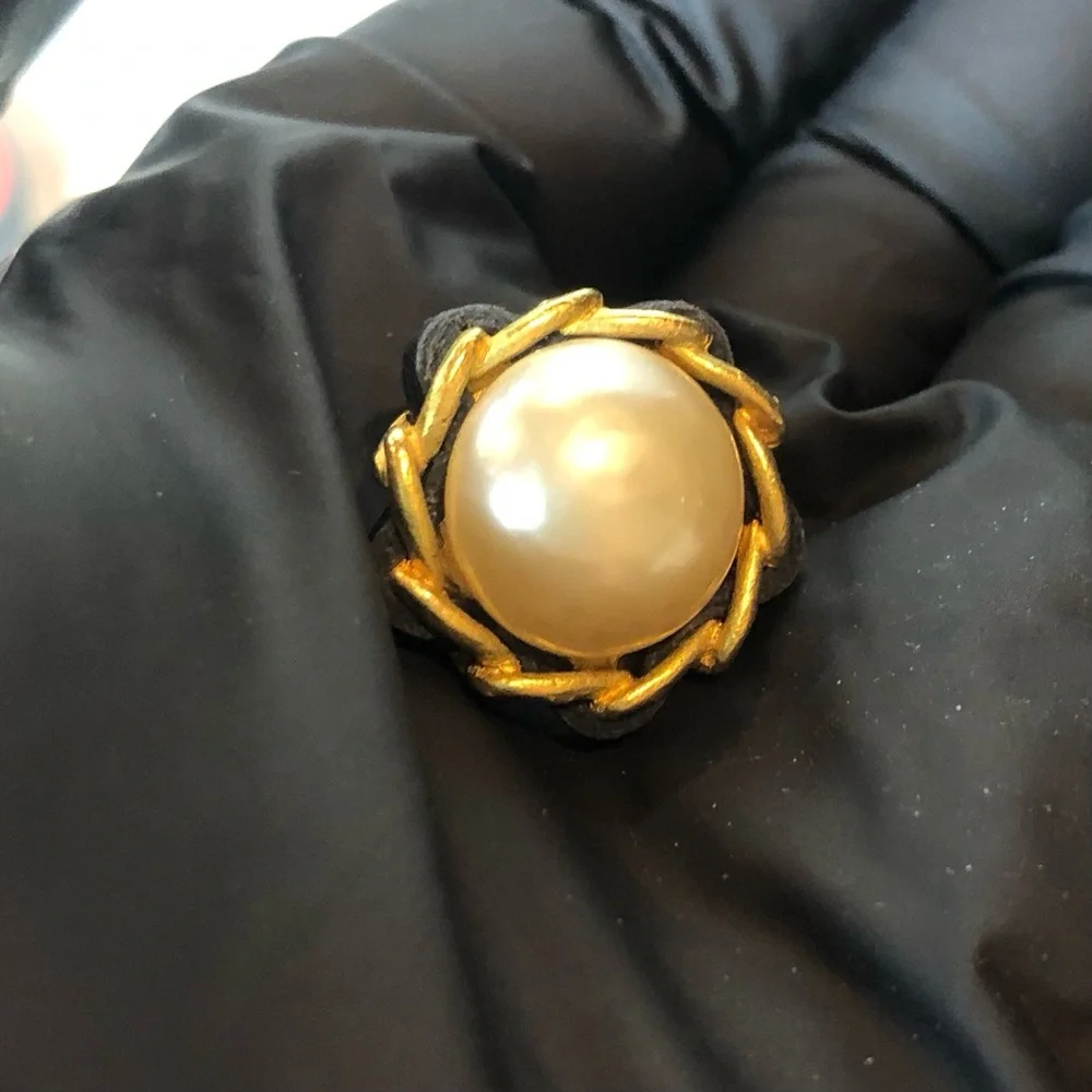 CHANEL Gold and Black Leather Wrapped Pearl Statement Earrings w/ Box